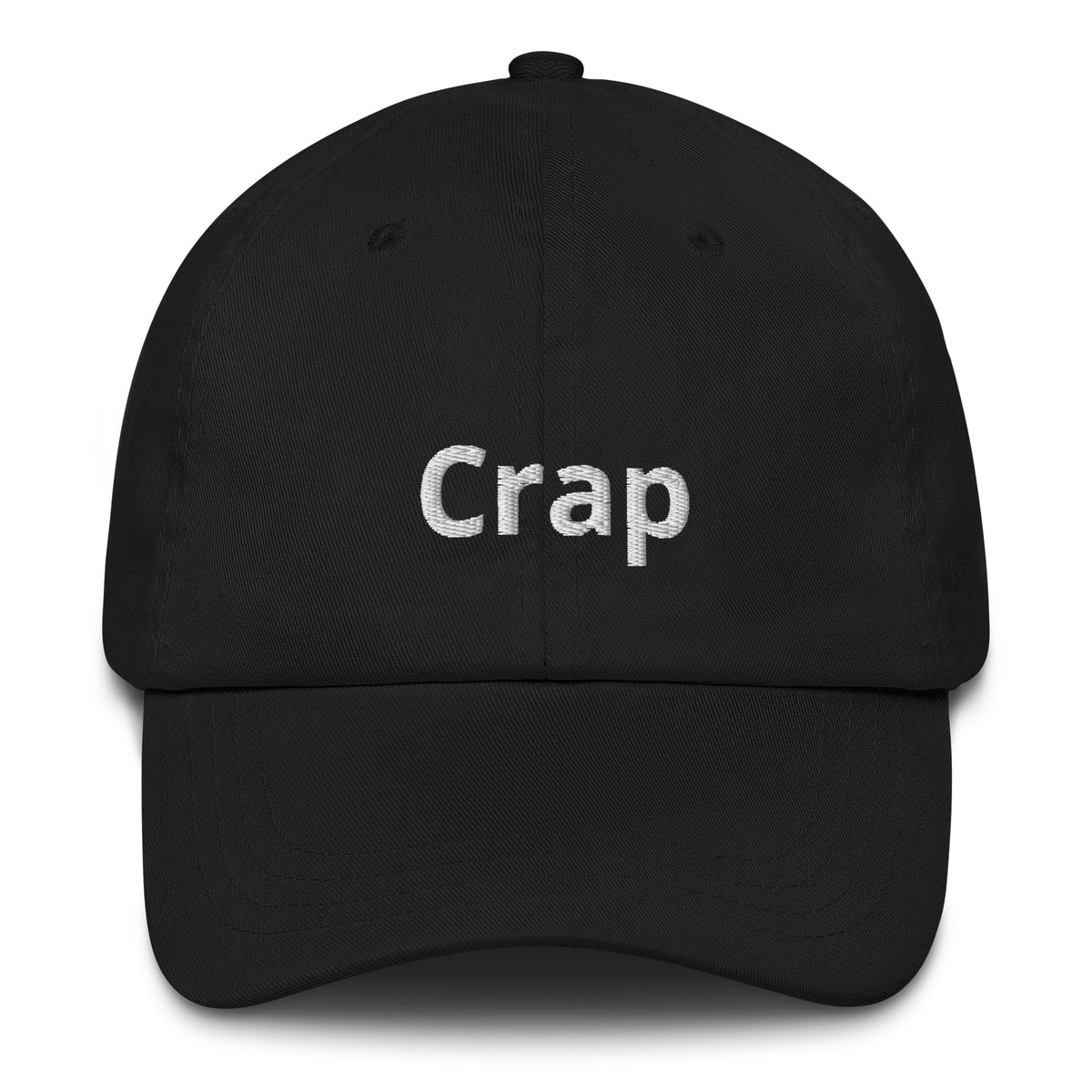 Black Crap dad hat with embroidered lettering, front view