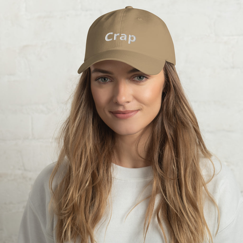 Woman wearing a khaki Crap dad hat