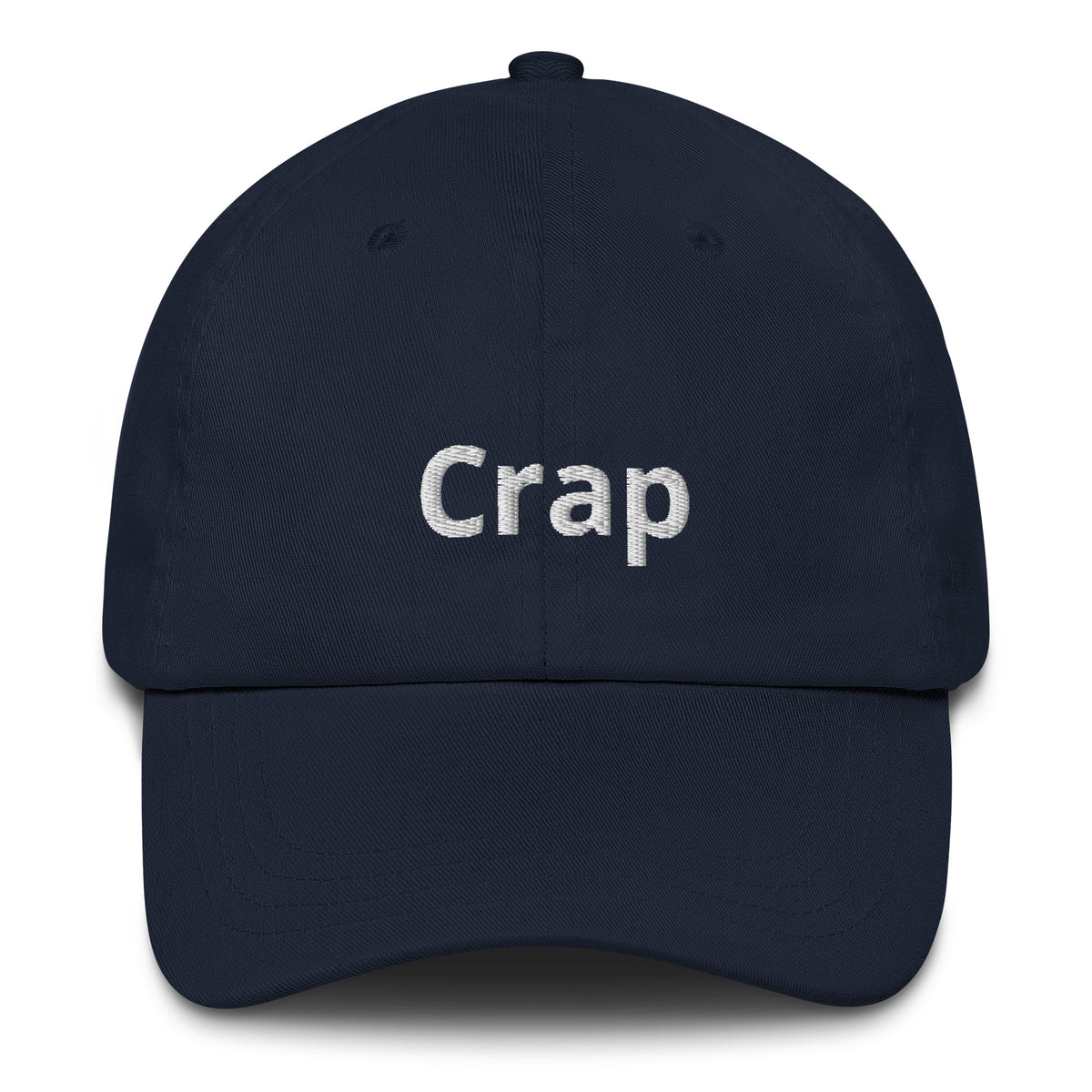 Navy Crap dad hat with embroidered lettering, front view