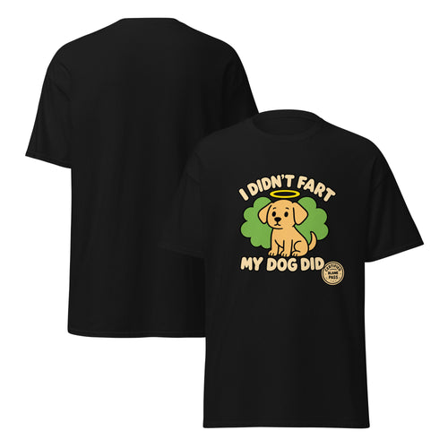 Black I Didn't Fart, My Dog Did t-shirt, front and back view, innocent puppy on green cloud design