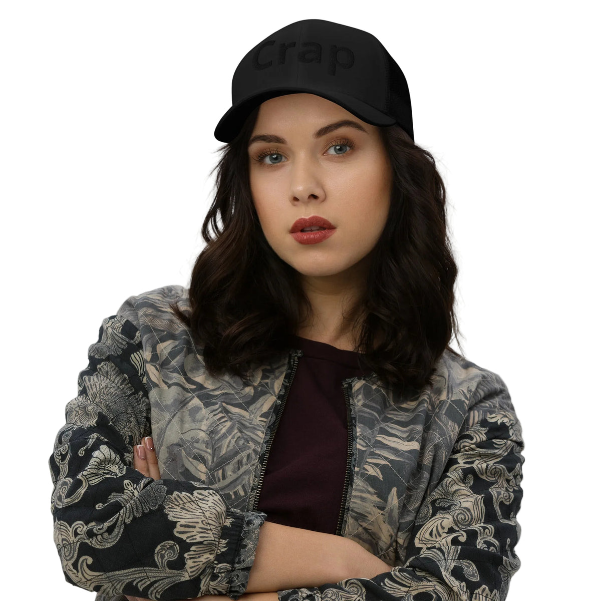 Black Crap trucker cap with mesh back, funny hat by Psycho Jim
