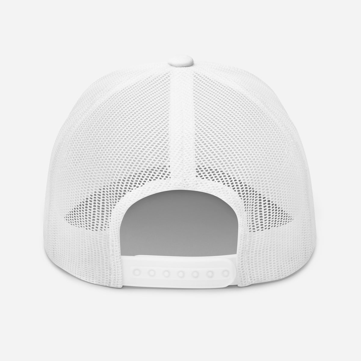 White Crap trucker cap, back view with mesh panels and snapback closure