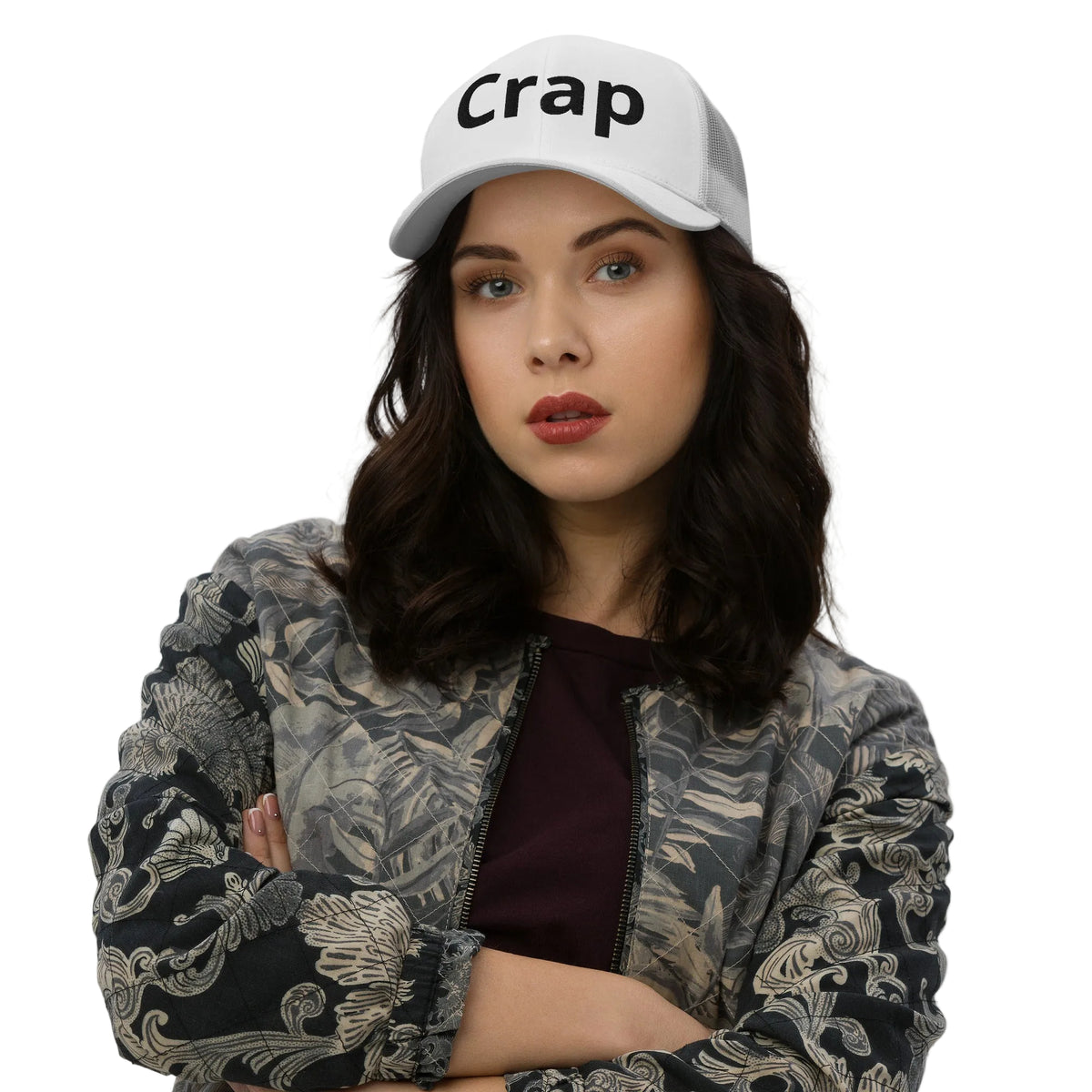 White Crap trucker cap with mesh back, funny hat by Psycho Jim