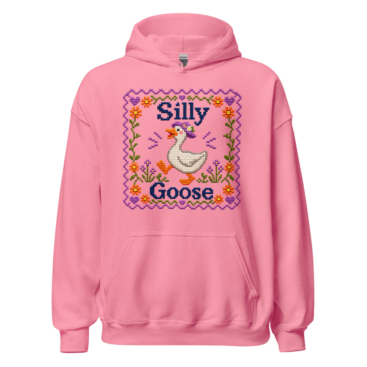 Pink Silly Goose hoodie with cross-stitch goose and floral border design