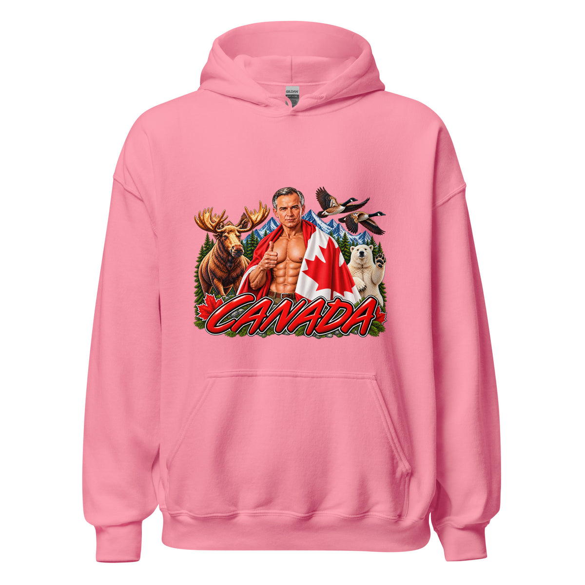 Pink unisex patriotic Canada hoodie with Canadian flag and CANADA graphic
