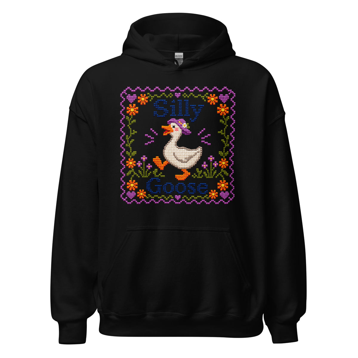Black Silly Goose hoodie with cross-stitch goose and floral border design
