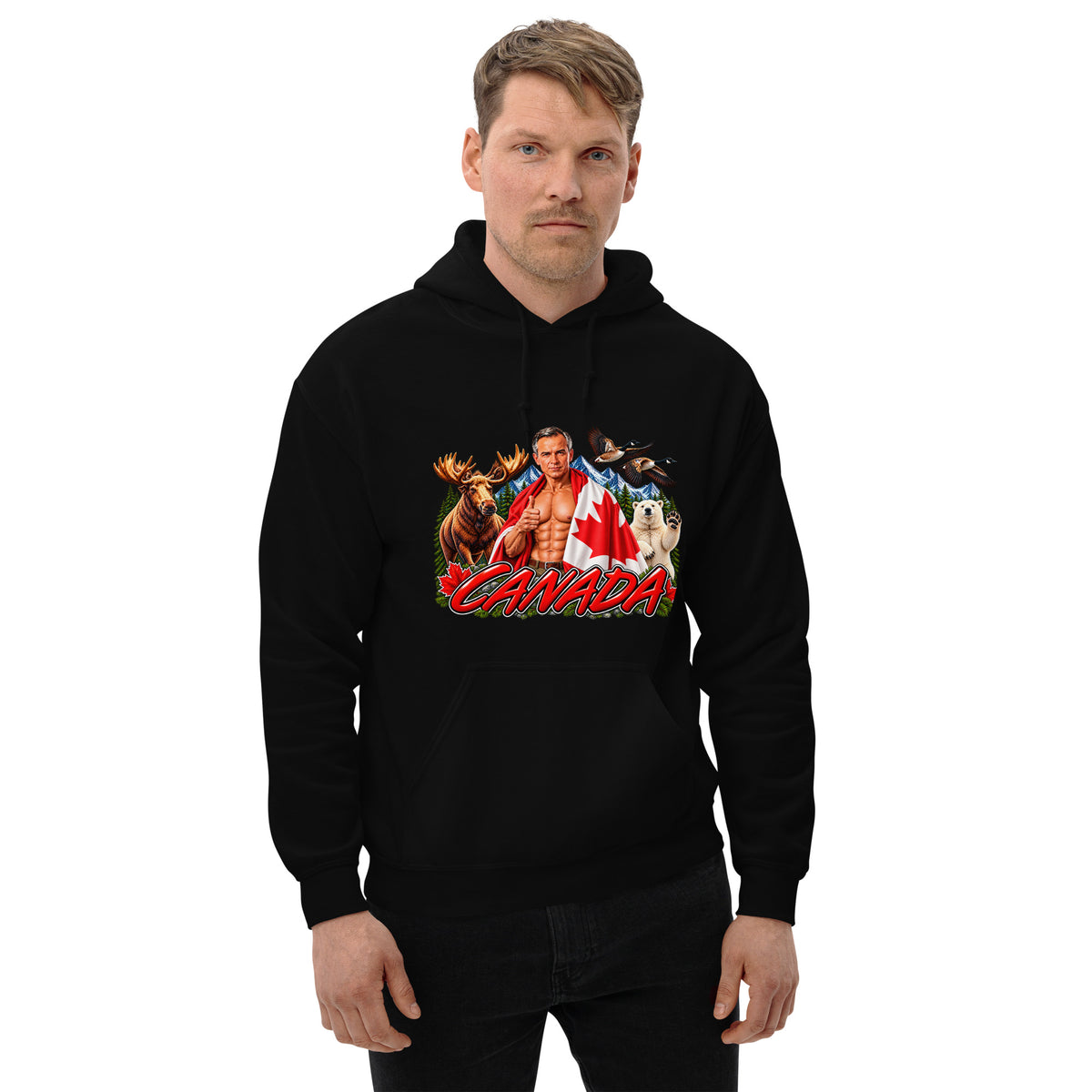Man wearing black funny Canada hoodie with flag, wildlife and bold CANADA graphic by Psycho Jim