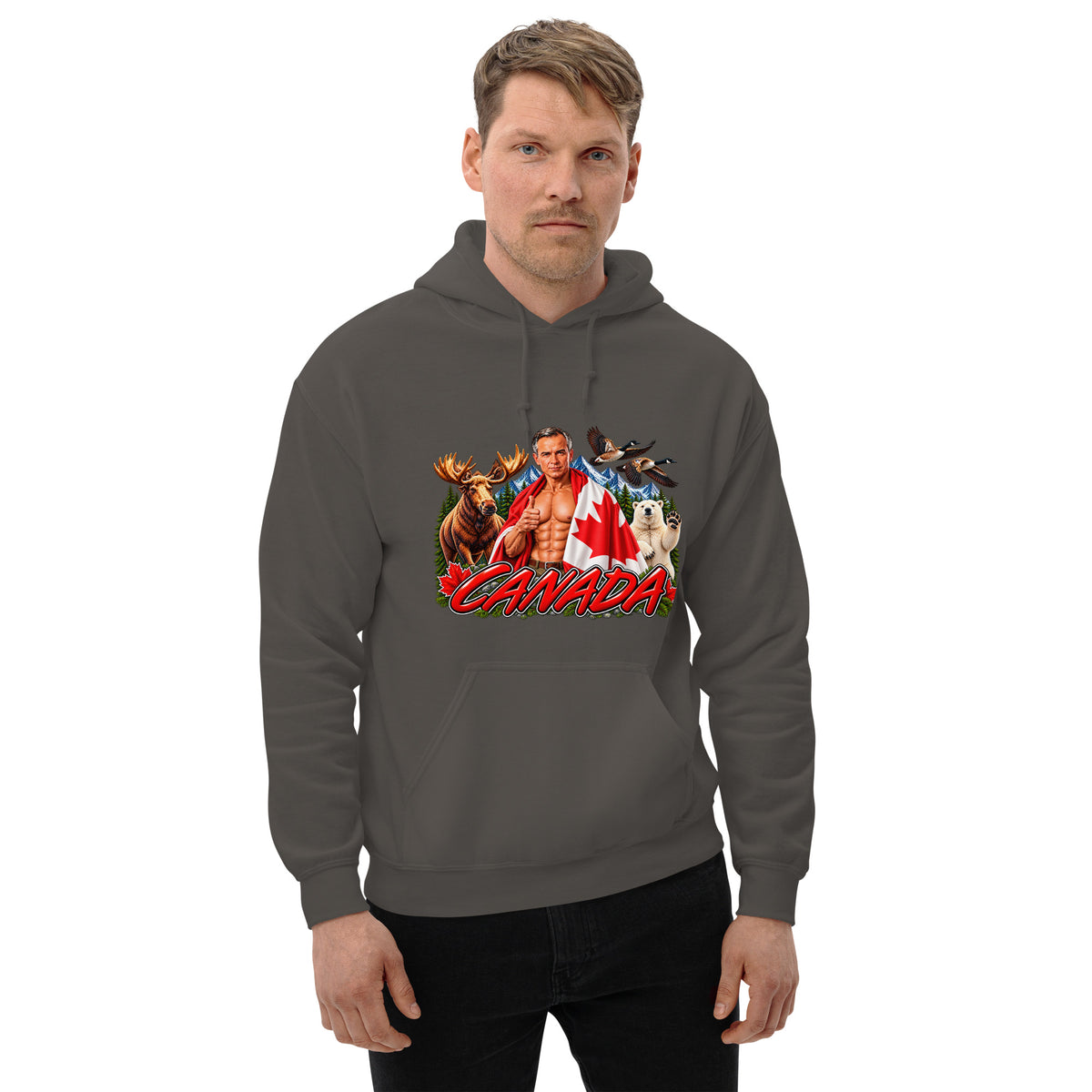 Man wearing charcoal funny Canadian pride hoodie, gift for hockey fans
