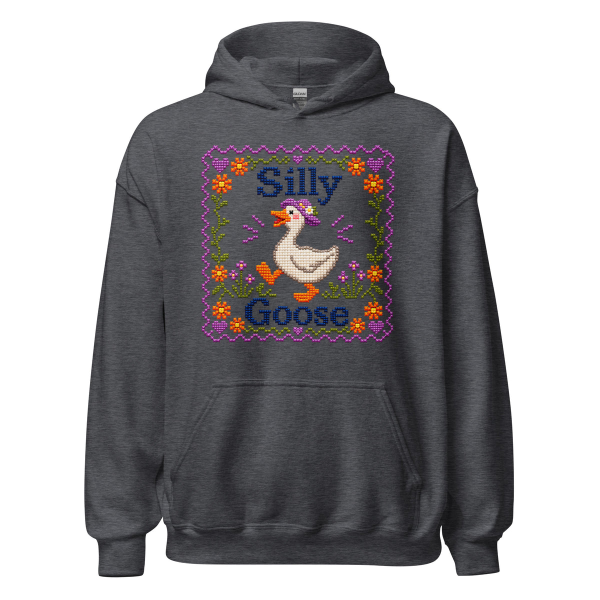 Charcoal heather Silly Goose hoodie with cross-stitch goose and floral border design