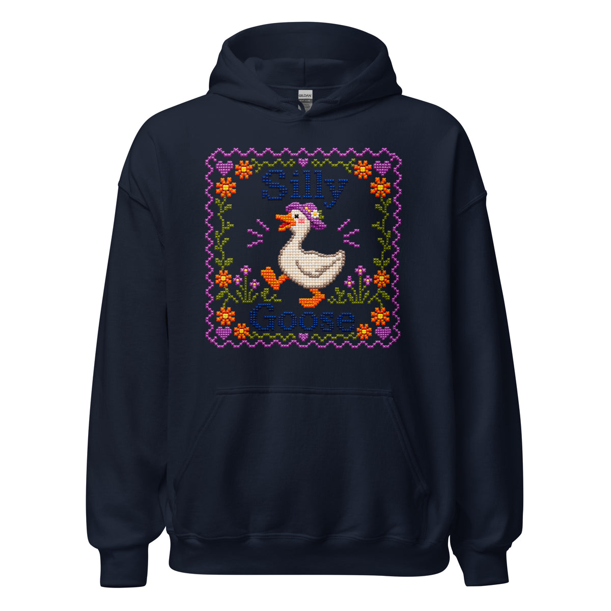 Navy Silly Goose hoodie with cross-stitch goose and floral border design