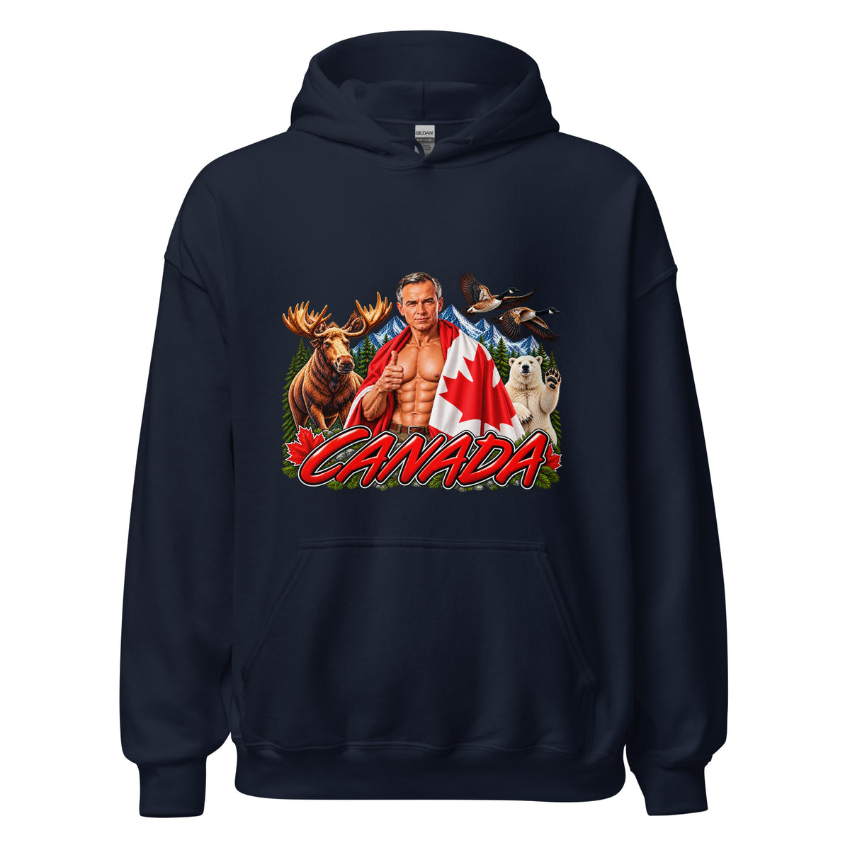 Navy unisex patriotic Canada hoodie with Canadian flag and CANADA graphic