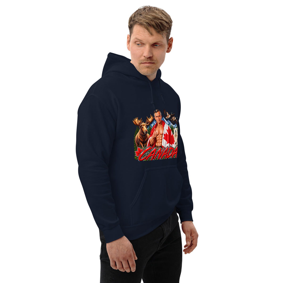 Man wearing navy funny Canadian pride hoodie, side angle view