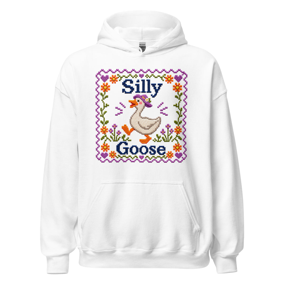 White Silly Goose hoodie with cross-stitch goose and floral border design by Psycho Jim