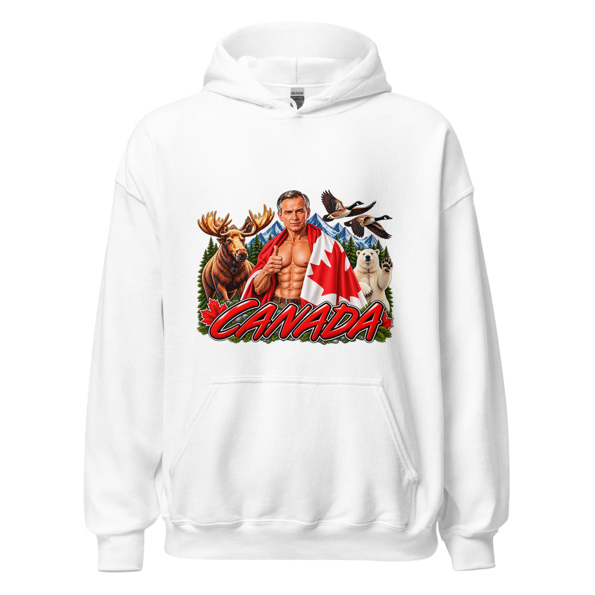 White unisex patriotic Canada hoodie with Canadian flag and CANADA graphic
