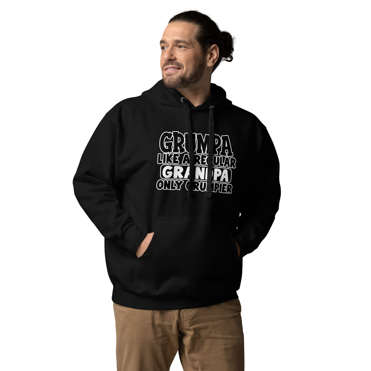 Man wearing black Grumpa hoodie that reads Like a Regular Grandpa Only Grumpier, funny grandpa gift