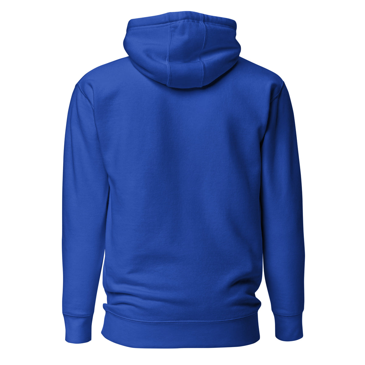Royal blue Grumpa hoodie, back view with drawstring hood