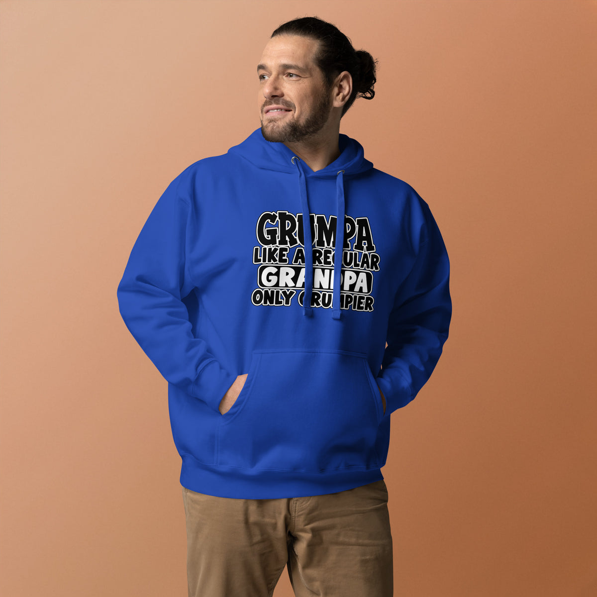 Man wearing royal blue Grumpa hoodie, funny gift for grumpy grandpas