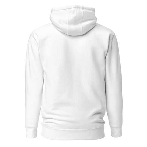 White Ew, Misogyny hoodie, back view with hood and self-fabric patch